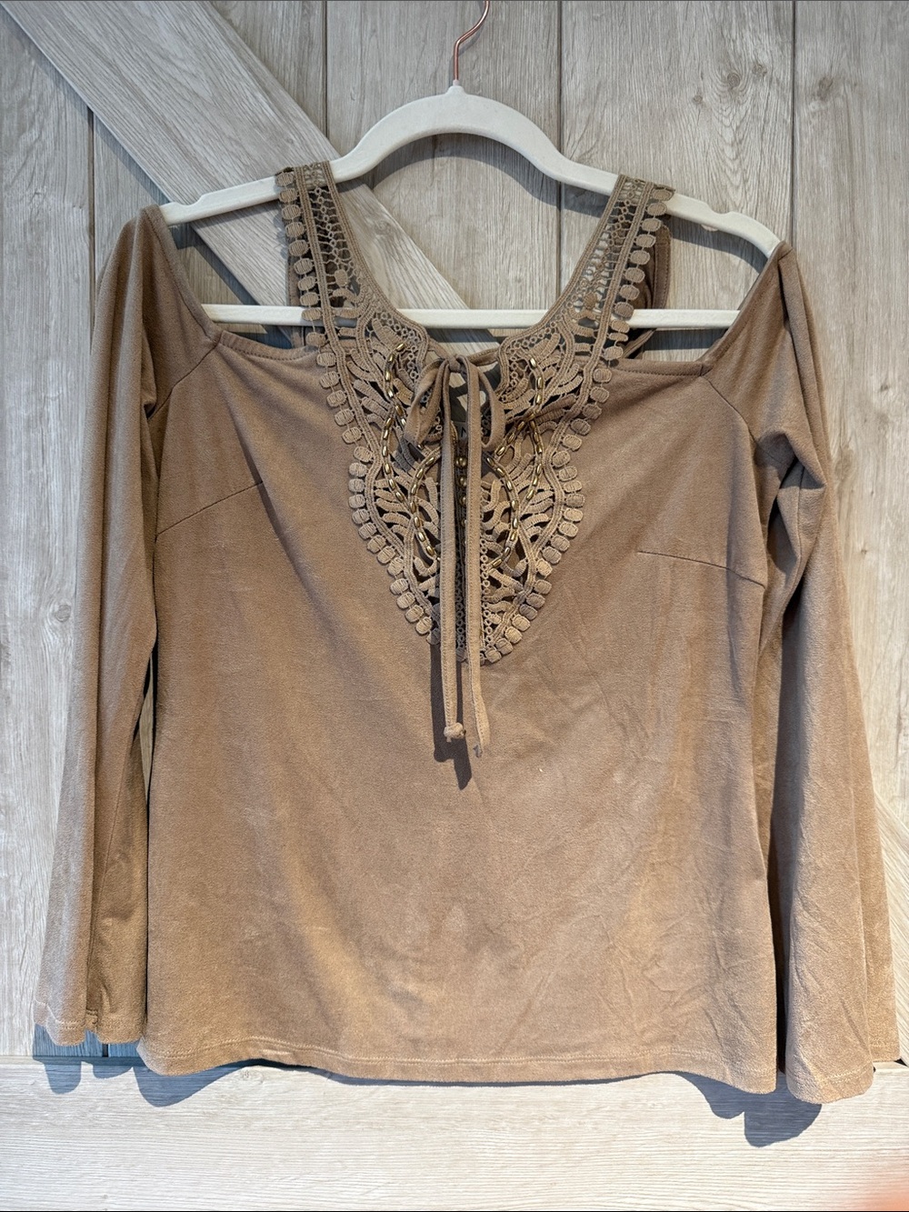 VENUS Tan Crochet Lace-Up Long Sleeve Top